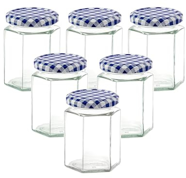 Lucenté 6PC Glass Jam Jars Preserve Pots Pickle Jars with Airtight BLUE Gingham Screw Top Lids - 280ml