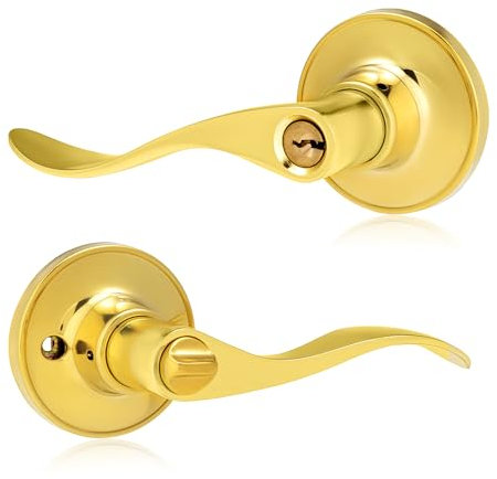 XFORT Cabriole - Juego de pomos de privacidad de latón pulido, perilla de puerta con cerradura para puertas internas de madera de baño, juego completo con pestillo tubular