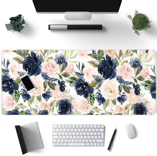 Blau-rosa Mauspad, Tinte und Waschung, blau-rosa Blume, Boho-Schreibtischzubehör für Frauen, Büro, ästhetische Schreibtischunterlage, Tastatur-Pad, rutschfeste Gummiunterseite mit genähten Kanten, 80