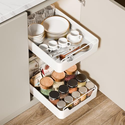 Avmvnvc Tiroir Coulissant, Panier Coulissant pour Placard, Tiroir Cuisine sans Perçage, 1 Unité Rangement de Cuisine (Blanc, 42 cm x 30 cm x 6 cm)