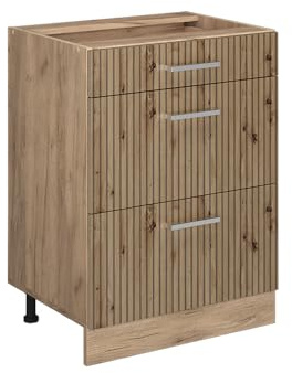 Vicco Küchenunterschrank R-Line, Artisan-Eiche, 60 cm | 3 Schubladen · Ohne Arbeitsplatte · Höhenverstellbare Füße · ✓ Leichter Zugriff · ✓ Frei kombinierbar