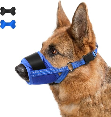 Dog Muzzle, Soft Muzzle for Medium Large Sized Dog to Anti and Prevent Biting Barking Chewing, Air Mesh Large No Barking Muzzle with Reflective & Adjustable Strap (Blue, L)