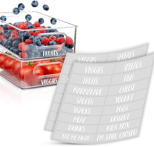 SimpleU Fridge Organiser Stickers, 32 Labels for Food Storage, Kitchen Organisation, Labelling for Fridge Boxes, White English