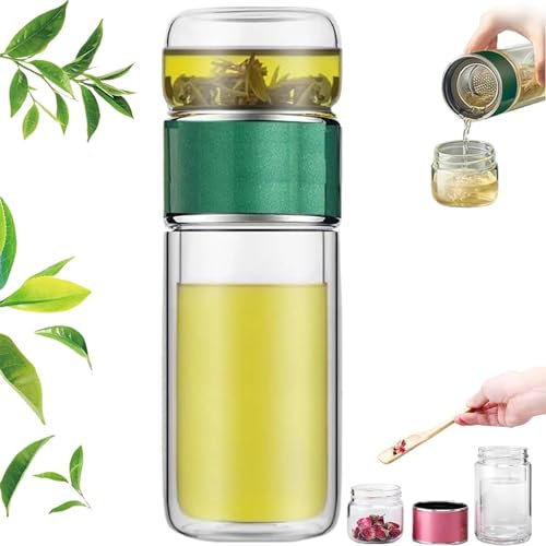 Botella infusora de té de vidrio de doble capa | Tetera inteligente de hojas sueltas 3 en 1 y vaso de inundación para preparar té suelto (verde, 280 ml)