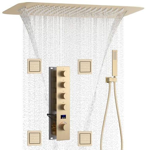 KAITAIHD Brushed Gold Shower System with 16X24 Ceiling Mount Shower Head, 4 PCS Body Jet and Handheld Spray, 4 Function Temperature Display Shower