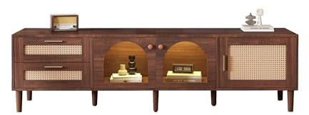 Azkoeesy Mueble de TV de 180 cm, con iluminación LED, 2 Puertas de Cristal, 2 cajones de ratán, Patas macizas, Color Madera de Nogal