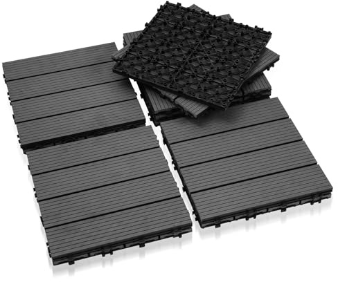 Eulenke WPC terrassplattor 66 stycken, 30 x 30 cm terrassbrädor för balkonggolv, klickplattor, balkongplattor i träutseende, golvbeläggning väderbeständig för terrass, för 6 m², grå