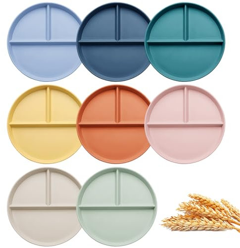OWill 8 Piezas Plato Llano Dividido, Platos Plastico Divididos con 3 Compartimentos, 23CM Platos de Control de Porciones, Plato Harvard Adulto para Microondas y Lavavajillas