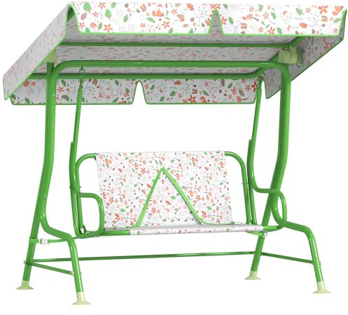 AIYAPLAY Dondolo per Bambini da Esterno a 2 Posti con Tettuccio Regolabile e Cinture di Sicurezza, Altalena Dondolo da Giardino e Interno in Acciaio e Poliestere, Max 60 kg, 112x75x120 cm, Verde