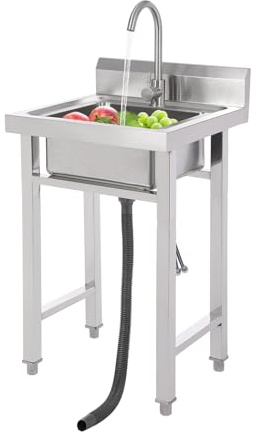 Fristående Rostfritt Stål Handfat med 306° Kran och Diskbänk - Bärbar Kommersiell för Utomhus/Inomhus Kök, Restaurang, Bar med Justerbara Fötter - 50 x 50 x 93 cm