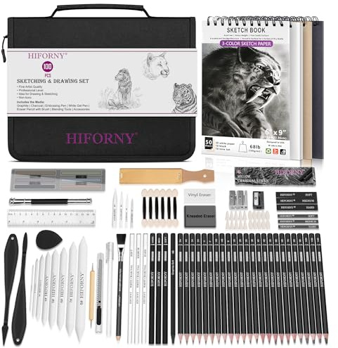 HIFORNY Ensemble de 100 pièces pour dessin et croquis, kit de fournitures artistiques avec crayons, fusain, outils de mélange et accessoires, étui de transport portable avec fermeture éclair pour