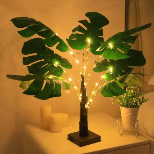 LED Artificial Monstera Tree Lights Decorative Table Lamps 3xAA Battery or USB Powered for Summer Party, Poolside,Tropical Jungle, Fireplace, Bedroom Bathroom Decor(21.6Inch/55CM) | Decorative Tree Lights for Party, Poolside, Tropical Jungle, Bedroom, Bathroom, Christmas Decor,Battery USB Powered
