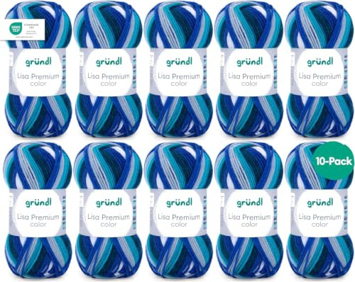 Gründl Laine Lisa Premium color – fil à tricoter avec dégradé de couleurs – douce et respectueuse de la peau – 100% acrylique – 10 pelotes 50 g / 133 m – taille d’aiguille 3,5–4,5 - bleu encre-gris