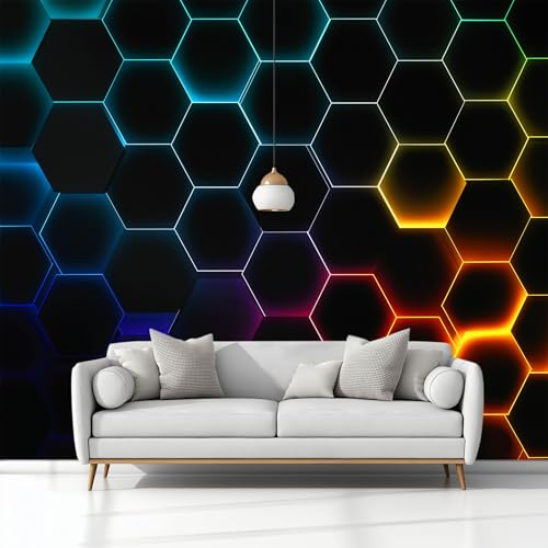 Geometric Neon Hexagons Wallpaper Bedroom Kids Boys 3D Wallpaper Mural, Black Kids Teens Room Poster Photo Wall Mural Themed Room Playroom 350 x 256 cm
