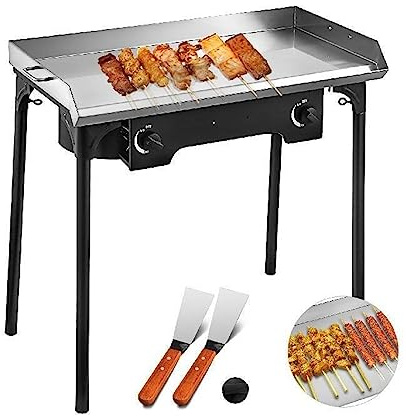 Gril à dessus plat de 32 x 17 pouces et réchaud propane avec 2 brûleurs en acier inoxydable facile à nettoyer à l'extérieur