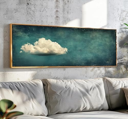 XINBAO Arte murale vintage con nuvole, quadri su tela panoramici minimalisti, stampa di nuvole orizzontali, grande arte con nuvole, decorazione sopra il letto 45x135 cm con cornice