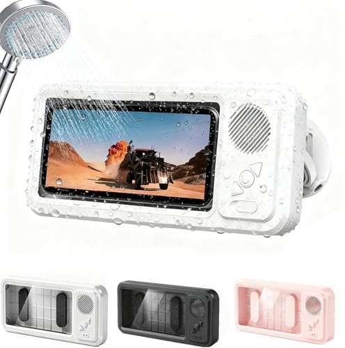 Support de téléphone Aqua Play, étui de téléphone de douche étanche Aqua Play, haut-parleur Bluetooth intelligent intégré, rotation à 360 ° peut être installé sur n'importe quelle surface (White)