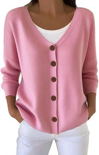 Kenhansion Womens V Neck Long Sleeve Shirts Fall Fashion Casual Cardigans Tunic Tops Trendy Dressy Button Up Work Blouse (Pink,X-Large)