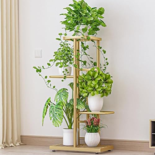 Metallställ med 4 våningar, högt for inomhus- och utomhusbruk, hörn for 5 växter, flervånings krukhållare for blommor, hyllställ for vardagsrum uteplats, guld
