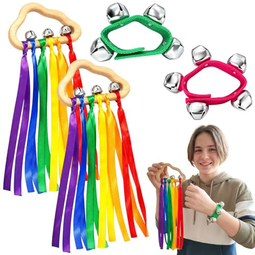 4 Pcs Hand Bells, Sensory Ribbons, Jingle Bell Wrist Bells 4-Pack Rainbow Sound & Vision Set