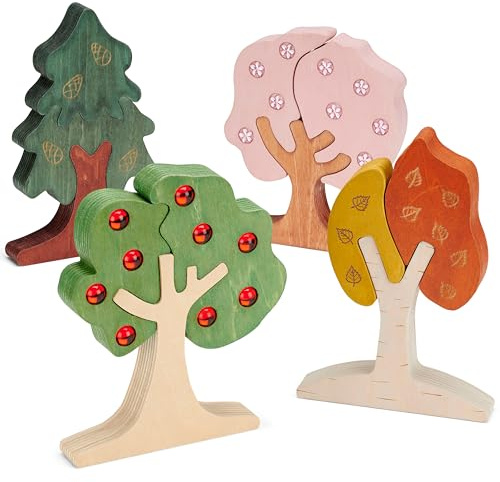 tickit seasonal gem trees puzzle – 12 pcs wooden seasonal trees puzzle with inset gems, FSC birch plywood sensory learning toy for nature exploration and early problem solving