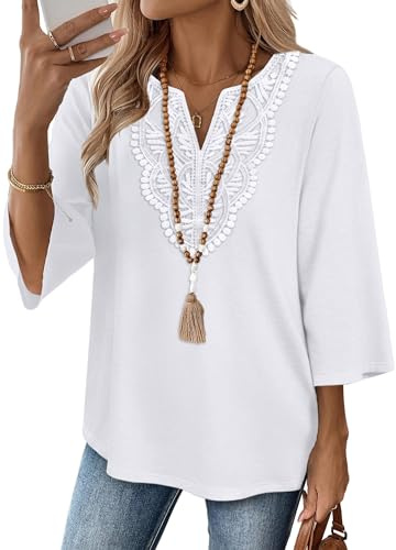 WIHOLL Ladies Tops Blouses for Women UK V Neck 3/4 Sleeve Lace Top Womens Summer Tops White 14-16