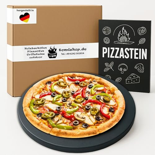 Megrill Pizzastein Rund 380x10mm Cordierit – Glasierter Pizza Stein für Holzkohle & Gasgrill, Hitzebeständig & Leicht zu Reinigen, Perfekt für Knusprige, Luftige Pizzaböden – Made in Germany