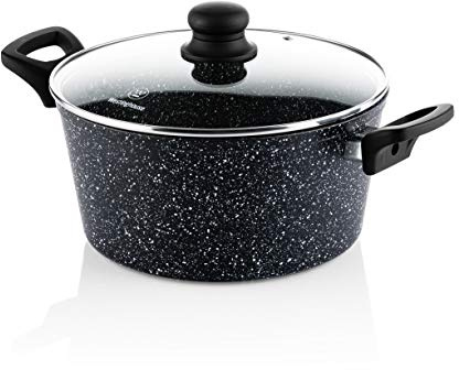 Westinghouse Pentola da 24 cm con coperchio in vetro, rivestimento antiaderente in marmo a 3 strati, in alluminio forgiato, adatta a induzione, manico con rivestimento in silicone, nero