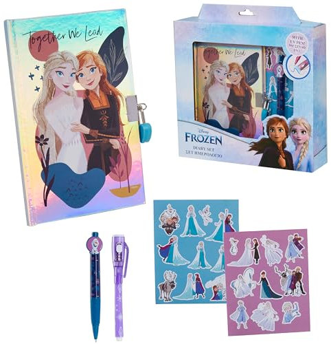Disney Frozen Schreibset für Kinder Mädchen, Wish Anna und Elsa Tagebuch Mädchen mit Schloss, Die Eiskönigin Zauberstifte und Aufkleber Mädchen ab 3 Jahren (Blau Frozen)