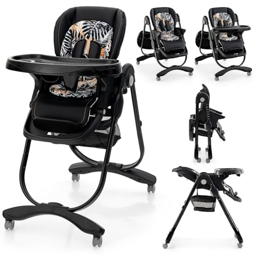 COSTWAY Hochstuhl Baby klappbar, Babystuhl mit Liegefunktion, Rädern & Doppeltablett, Aufbewahrungstasche, Kinderhochstuhl mit verstellbarer Höhe, Fußstütze & Rückenlehne für 6–36 Monate (Schwarz)