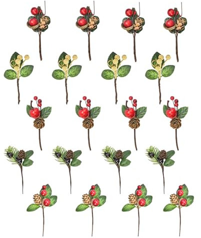 Xnferty 20 Pezzi Steli di Bacche Artificiali, 4.72IN Steli di Bacche Rosse Natalizie con Foglie di Agrifoglio Rami di Bacche Finte con Pigne Rami di Foglie di Agrifoglio Finte