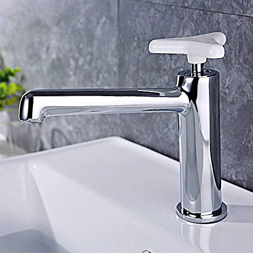 Bathroom Sink Tap Chrome Plated/White Paint/Black Paint Brass Hot and Cold Washbasin Faucet, Trigonometric Stone Handle Mixer Water Tap Basin Taps (Color : White) (Chrome