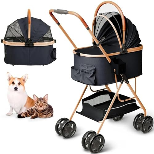 Haustier-Buggy für Katzen/Hunde,zusammenklappbarer Hundebuggy,Hundewagen,Haustierwagen,Katzenwagen–kein Reißverschluss am Eingang,leicht zusammenzuklappen,mit abnehmbarer Polsterung,Aufbewahrungskor
