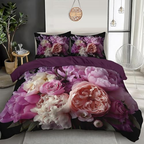 DLERFLOVR Bettwäsche EIN Strauß Pfingstrosen Bettbezügen 135x200cm weich & bügelfrei Bettbezüge mit Reißverschluss - Retro Stil Bettwäsche Set mit 1 Kissenbezüge 80cm x 80cm