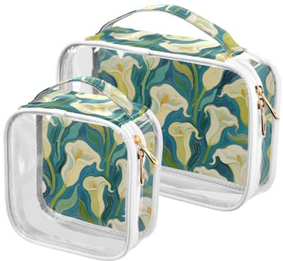 Lot de 2 grandes trousses de toilette transparentes approuvées par la TSA pour peinture à l'huile Motif lys calla Bleu, Art peinture à l'huile bleu calla fleur de lys