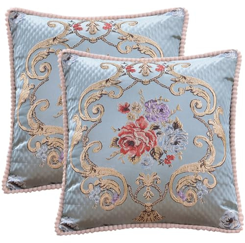 Traziewell Sky Blue Cushion Covers 48 x 48 cm Set of 2 Square Pillow Case for Sofa Chair Bedroom Modern Decor Home Office Couch Embroidered Cushion Cover 208