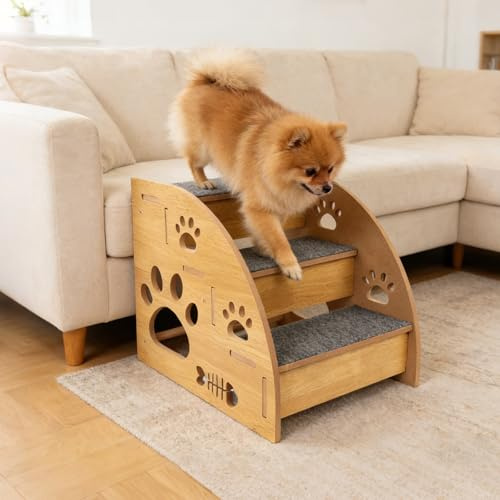 MAIJIAJU 1Pcs Wood Pet Steps, Non-slip Stairs For Small Dogs And Cats | 3 Tier 35cm Size Ramp, Breathable Wood Frame, Stable Load Bearing, Anti Slip Pad, Summer Friendly Indoor Use For Bed Sofa