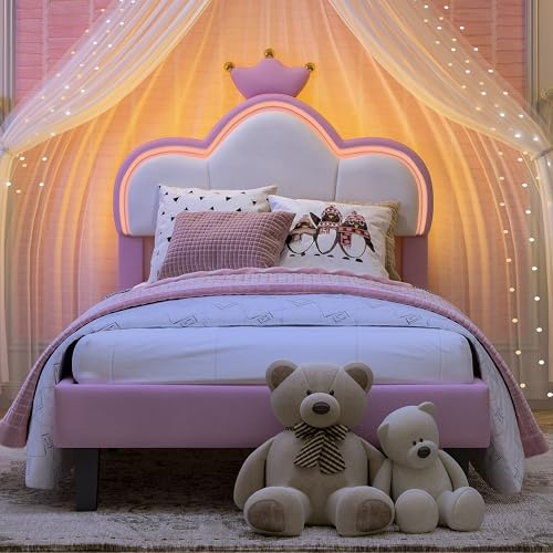 UwvEranthropy Polsterbett Einzelbett 90x200 cm für Kinder, Mädchenbett mit LED Beleuchtung & App-Steuerung, Kinderbett im Krone-Design, Höhenverstellbares Kopfteil, Samt Rosa & Weiß