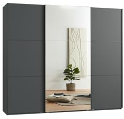 möbelando Schwebetürenschrank Indiana A – Moderner Kleiderschrank 250x216x65 cm in Graphit mit Soft-Close, Made in Germany, inkl. Schubkasteneinsatz & Wäscheeinteilung