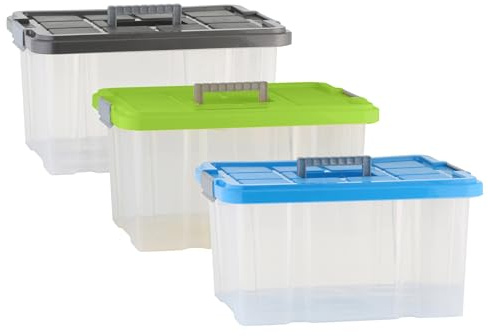 axentia Universalbox mit farbig sortiertem Deckel, Allzweckkiste aus hochwertigem Kunststoff, mit Clickverschluss, die Boxen lassen sich drehstapeln, viele verschiedene Einsatzmöglichkeiten, ca. 44 x 35 x 24 cm, antharzit, blau, pastellgelb