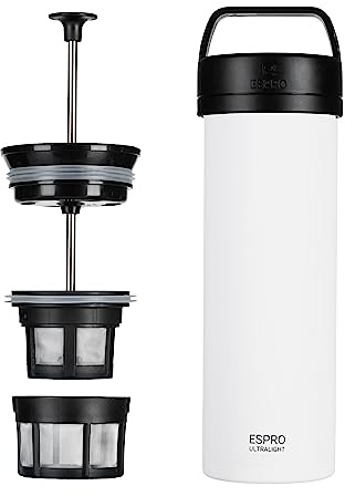 ESPRO P0 Ultralight French Press to go, Edelstahl, 470 ml, Weiss | Vakuumisoliert, auslaufsicher. Frisch gepresster Kaffee fuer Reise, Camping, Buero. Edelstahl.