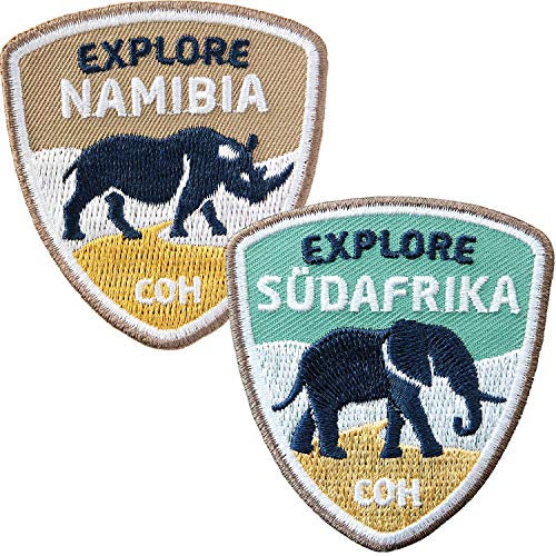 2er-Set Südafrika + Namibia Abzeichen 55 x 60 mm/Entdecke South Afrika Elefant Nashorn Safari Wildlife Reise/Aufnäher Aufbügler Sticker Patch/Kapstadt Kap Reiseführer Wanderführer Karte Buch