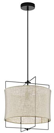 EGLO Pendelleuchte Bridekirk, 1 flammige Hängelampe Vintage, Natur, Boho, Hygge, Hängeleuchte Stahl in Schwarz und Textil in Naturfarben, Esstischlampe, Wohnzimmerlampe hängend mit E27 Fassung, Ø 40cm