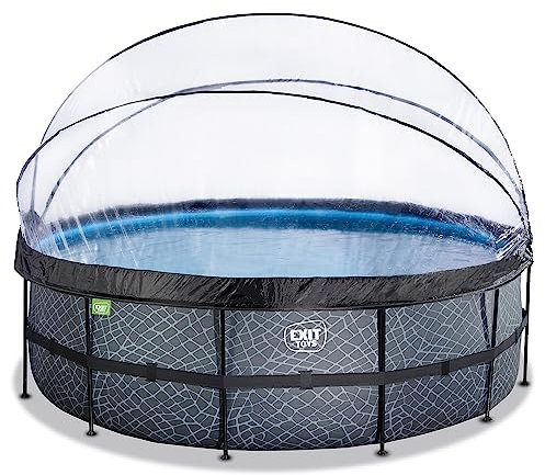 EXIT Toys Stone Pool con Cubierta Multifuncional - ø450x122cm - Piscina de Marco Redondo con Bomba de Filtro de Arena y Escalera de Piscina - Piscina Extra Profunda - para Agua Limpia y Cálida - Gris