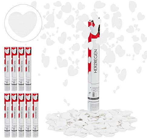 Relaxdays 10x Sparacoriandoli, Cuori, Pioggia Alta 6-8 m, Matrimoni & Fidanzamenti, Coriandoli di Carta, 40 cm, Bianco