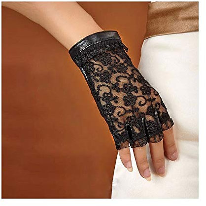 Lederhandschuhe Halbfingerhandschuhe Damen Dünnschliff Sonnenschutzspitze Atmungsaktiv Sommer Driving Lederhandschuhe (Color : Black, Size : M)