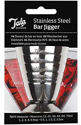 Tala Medidor de cóctel de acero inoxidable, mide 15 ml, 20 ml, 30 ml, 45 ml, 60 ml y 75 ml e ideal para verter bebidas alcohólicas y hacer cócteles, fabricado con acero inoxidable y apto para