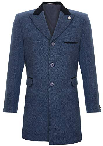 Cappotto da Uomo Lungo 3/4 Blu Scuro Caldo in Tweed a Spina di Pesce 36