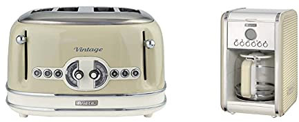 Ariete 1342 Machine à Café, 12 Tasses & Vintage 156 Grille-pain 4 tranches, 1600 watts, 6 niveaux de grillage, en acier inoxydable peint en couleur beige pastel, sans pince