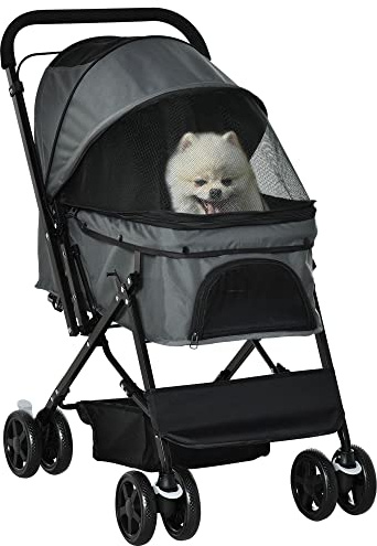 PawHut Dog Stroller, Pet Stroller, Foldable Dog Cat Travel Pushchair with Reversible Handle, EVA Wheels, Brake, Basket, Adjustable Canopy, Safety Leash, for Small Dogs, Grey